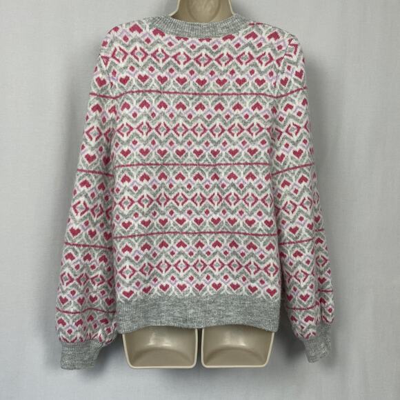 LOFT Sweater Womens Large Gray Pink Heart Fair Isle Balloon Sleeve Cozy Chunky - Picture 4 of 11